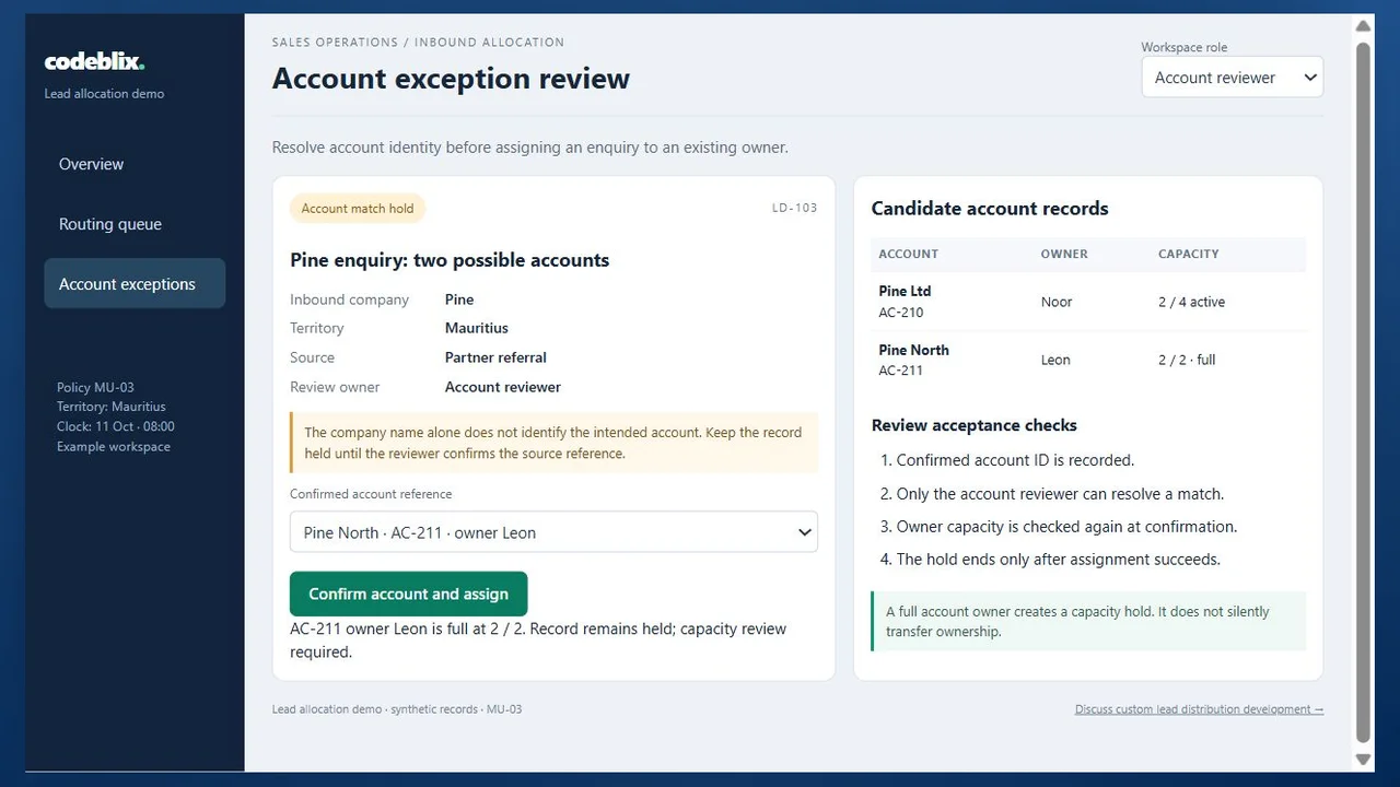 Account review demo showing two possible Pine account matches and an existing owner at full capacity