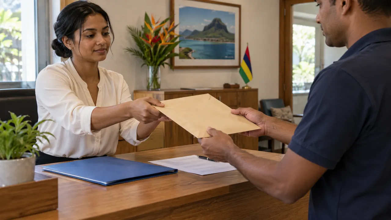 An office coordinator passing a plain document envelope to a courier across a desk