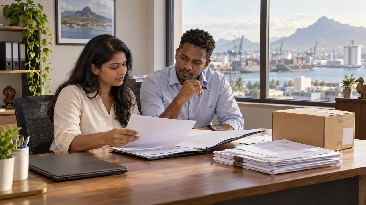 Two export coordinators reviewing a paper folder at a desk with a port visible through the window