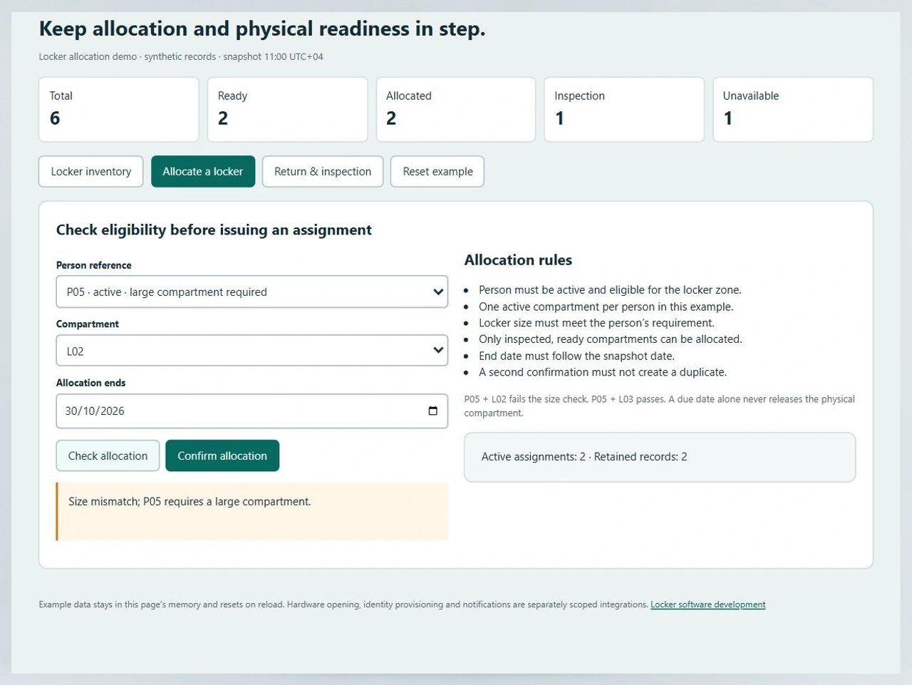 Locker allocation form rejects P05 and standard compartment L02 because the person requires a large compartment