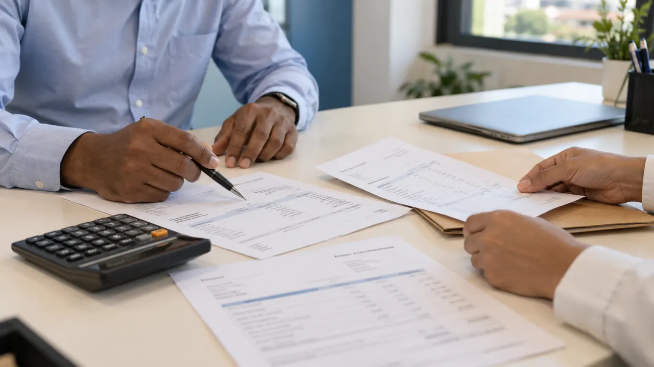 Two colleagues pointing to paper invoice sheets beside a tan folder, calculator and closed laptop