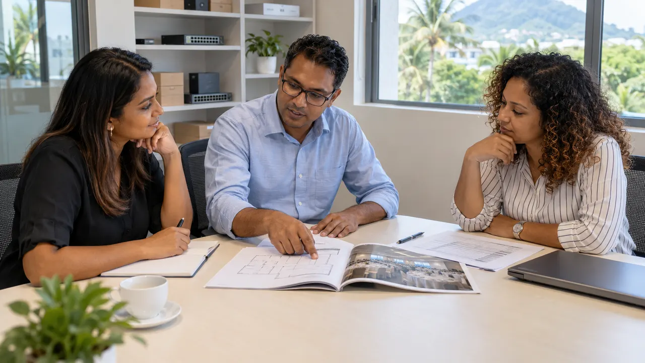 Three business colleagues reviewing a venue brochure and floor plan at a table with a closed laptop