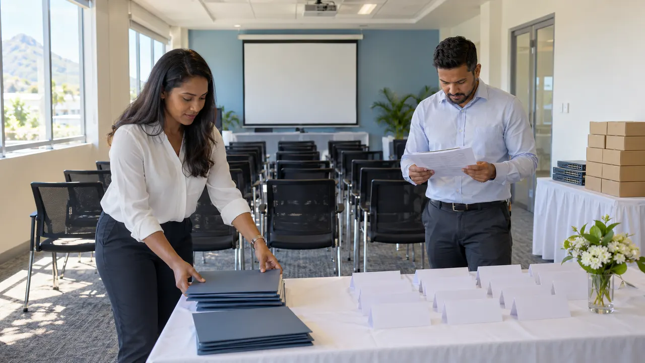 Two colleagues arranging plain folders and blank name cards in a conference room with networking equipment on a side table