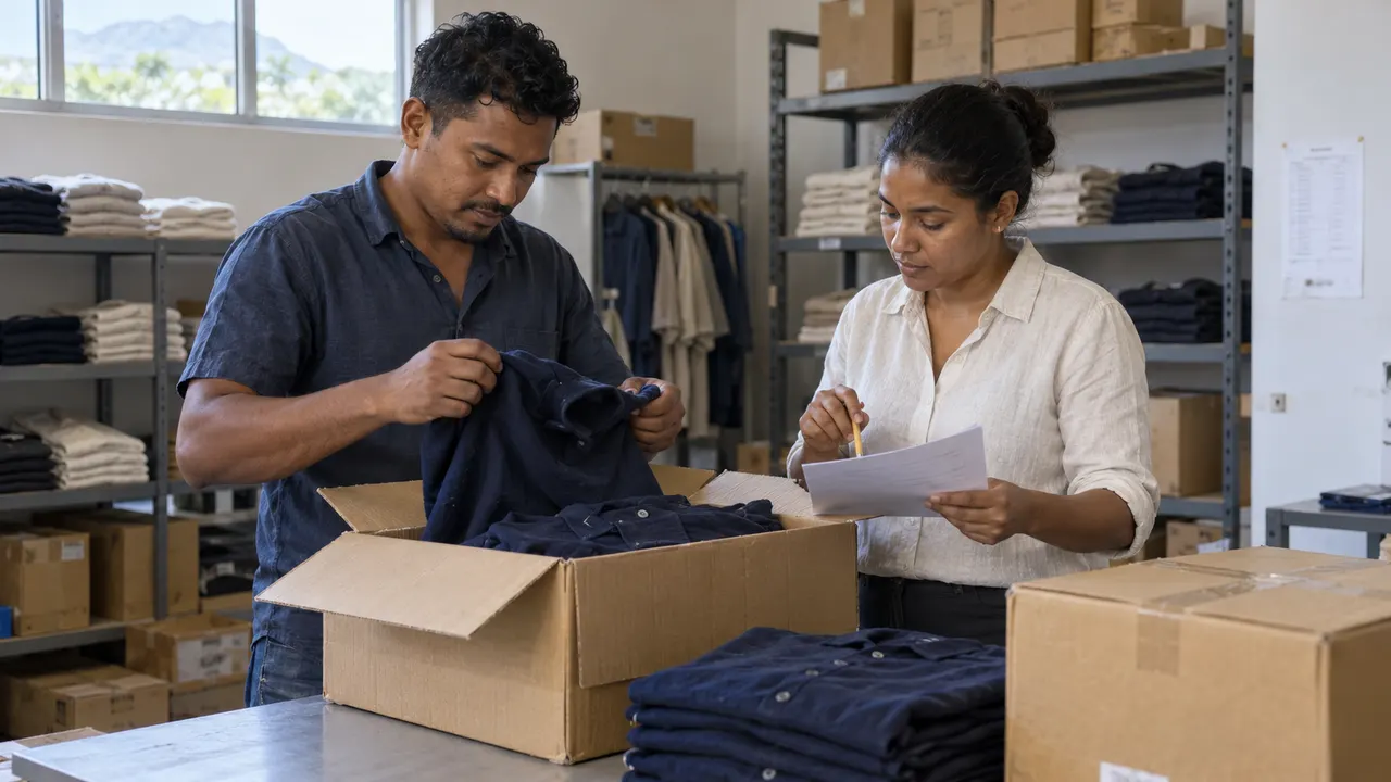 Two retail staff checking navy shirts from a cardboard carton against a paper delivery slip