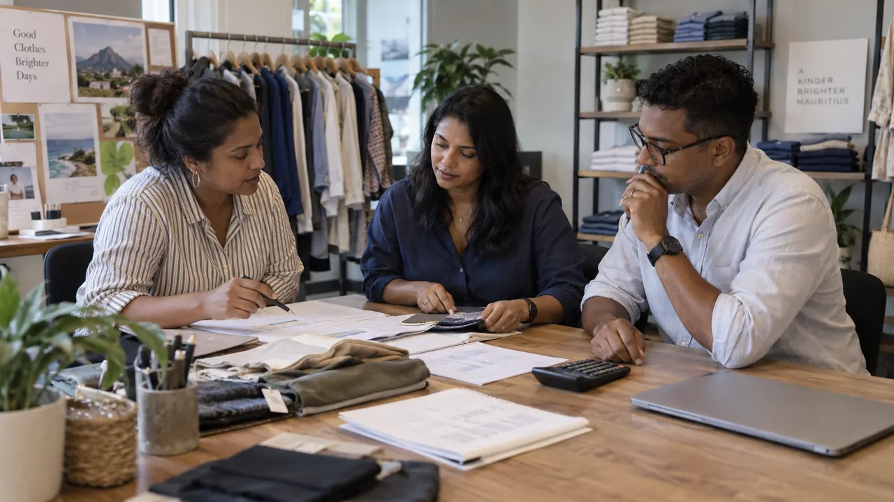 Three colleagues discussing planning papers beside garment samples and a calculator in a clothing buying office