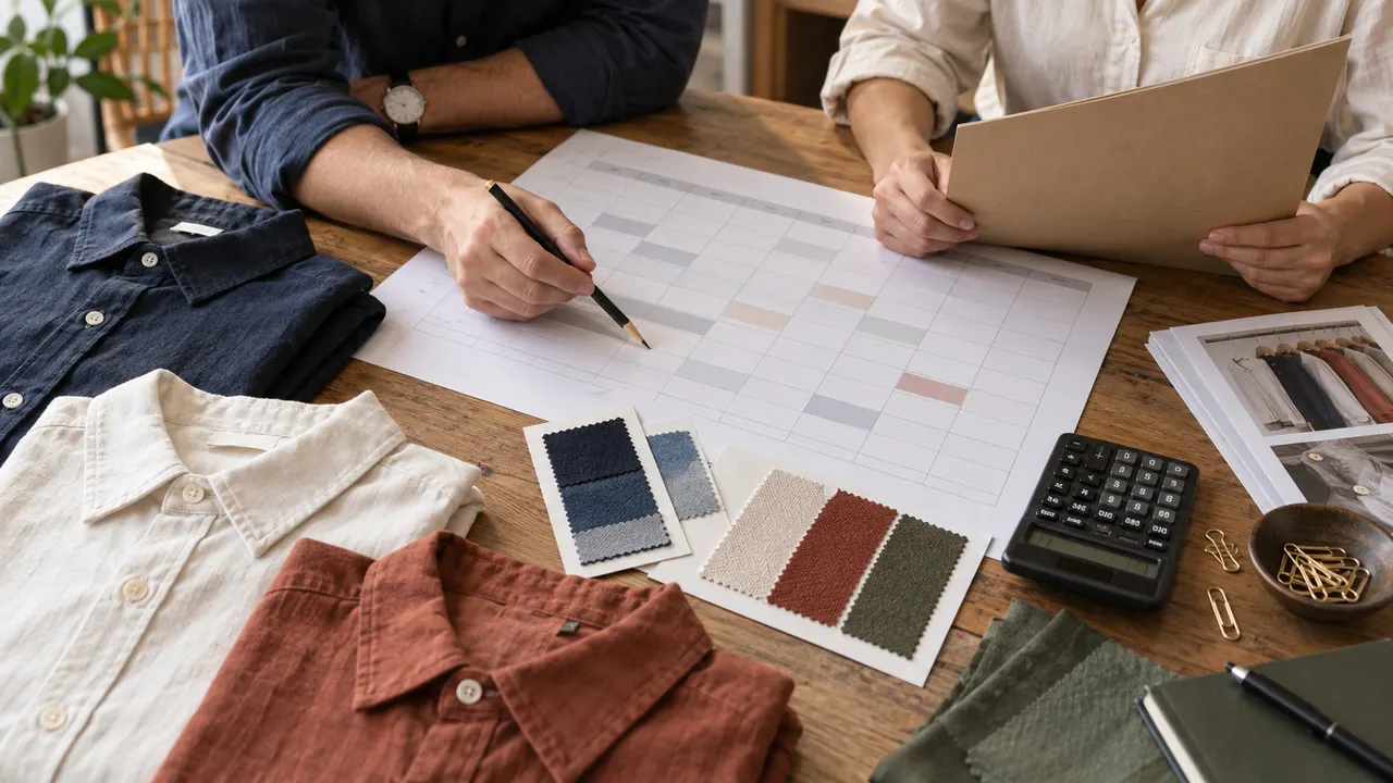Two colleagues reviewing a paper grid beside cotton shirts fabric swatches a folder and a calculator