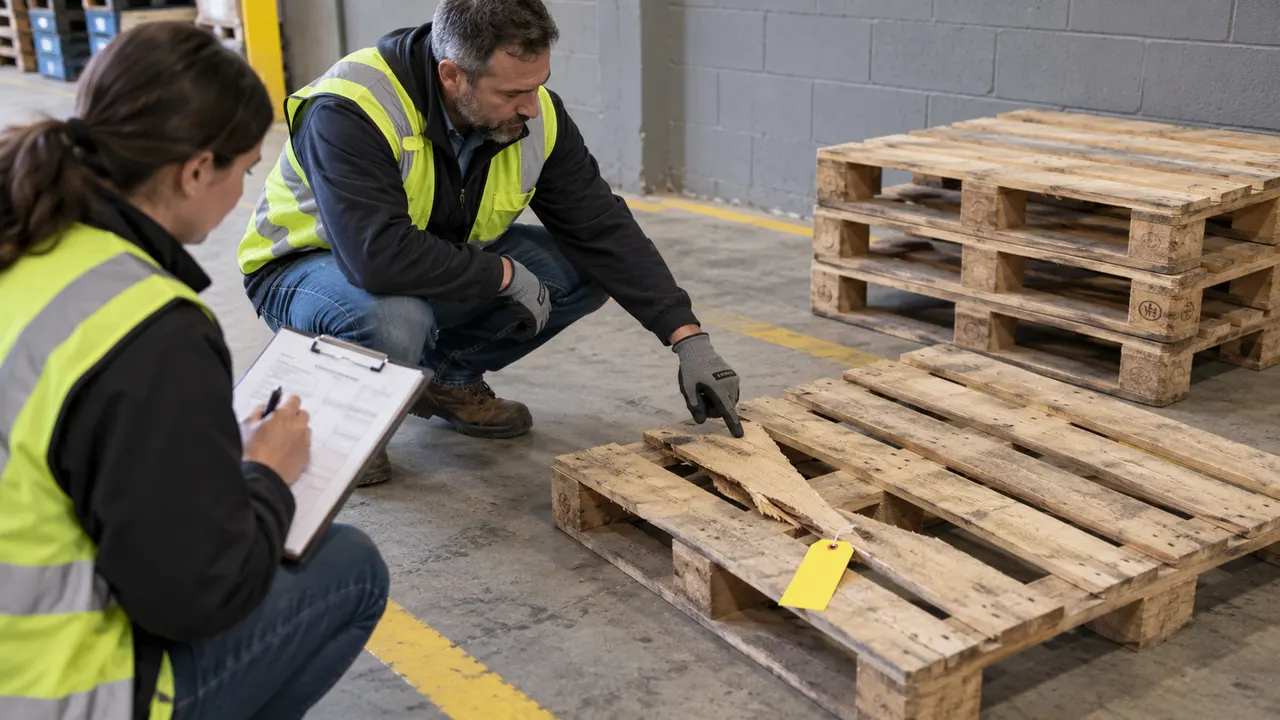 Two workers inspecting a broken pallet board with a yellow tag beside stacked wooden pallets