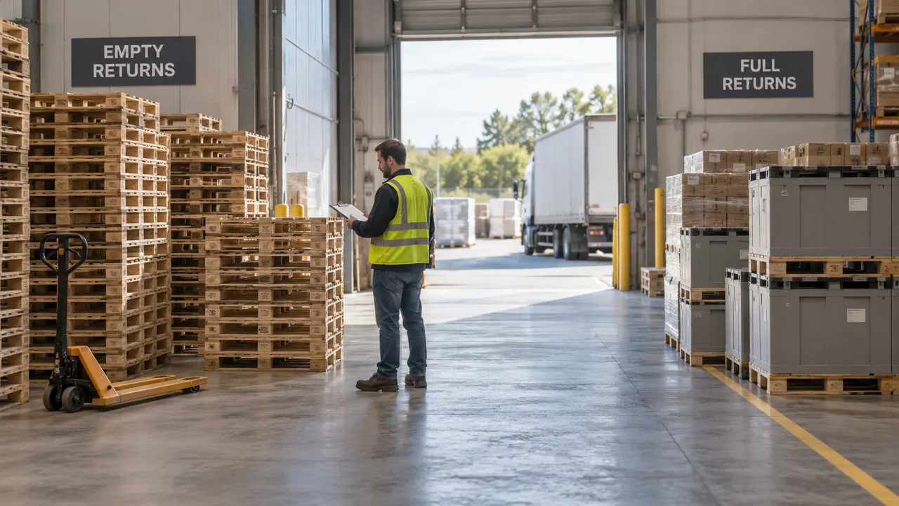 Warehouse coordinator checking stacked wooden pallets beside a returns bay