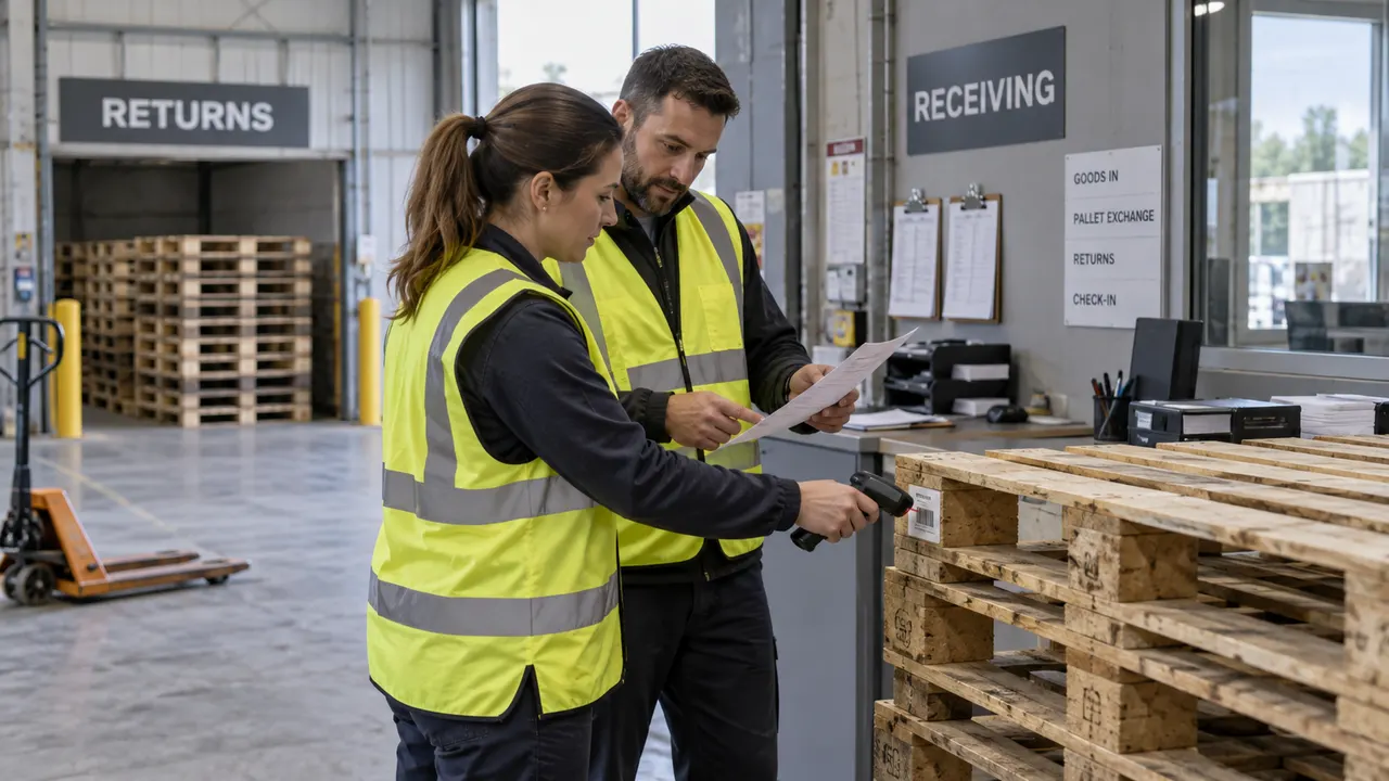 A warehouse worker scanning a pallet label while a colleague reviews a paper docket