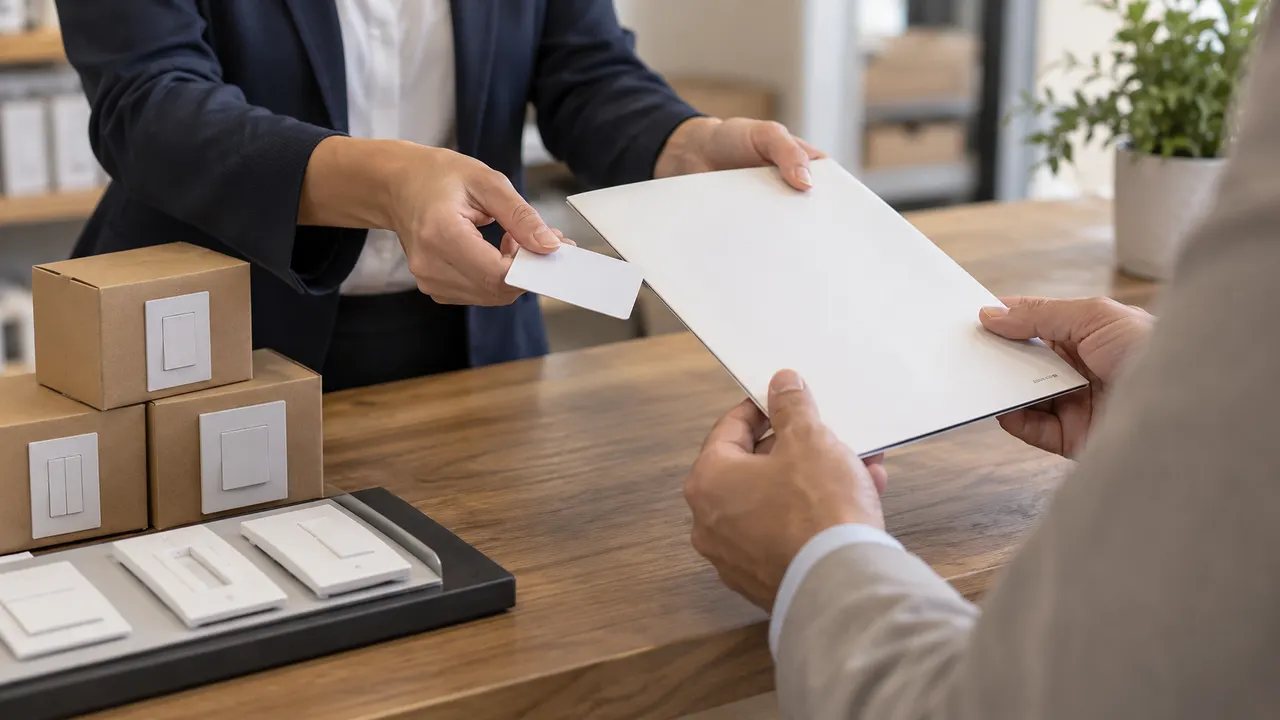 Hands passing a plain paper folder across a counter beside small electrical samples