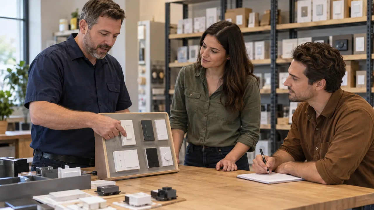 A trainer pointing to a tabletop electrical sample board while two adult learners take notes