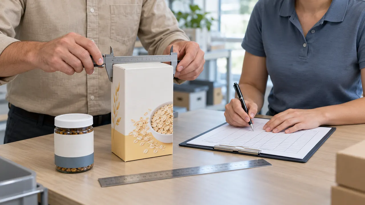 Hands measuring a packaged product with a caliper beside a printed measurement grid