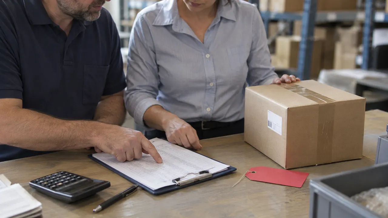 Two colleagues reviewing a paper worksheet beside a labelled carton, calculator and red tag