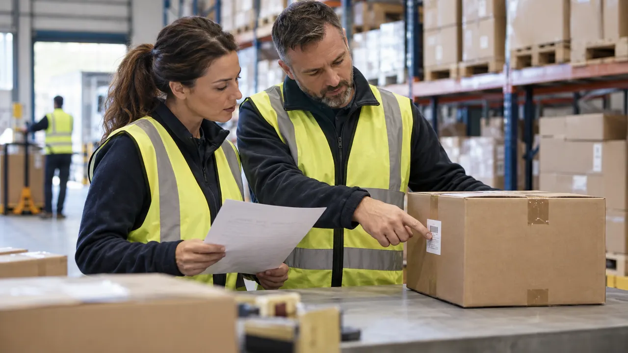 Two warehouse colleagues matching a carton label to a paper list at a receiving bench
