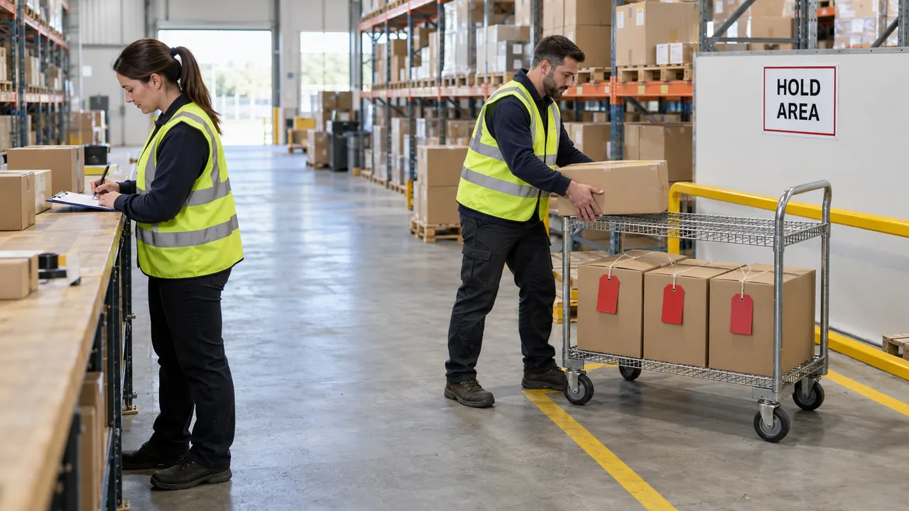A warehouse worker placing a carton on a trolley with red-tagged boxes beside a hold-area sign while a colleague writes on a clipboard