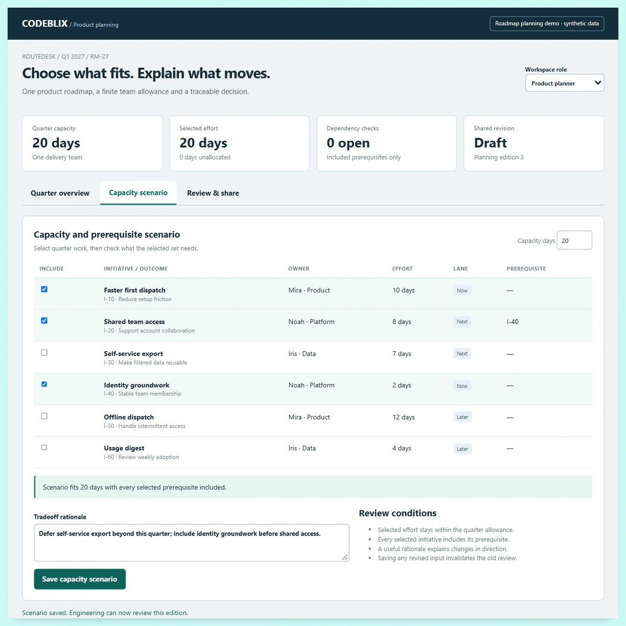 Capacity table selects I-10 I-20 and I-40 for 20 days with identity groundwork included and self-service export outside the quarter