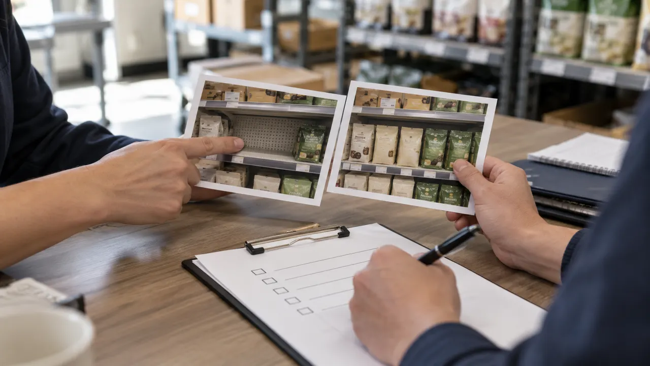Hands comparing two printed shelf images beside a clipboard checklist