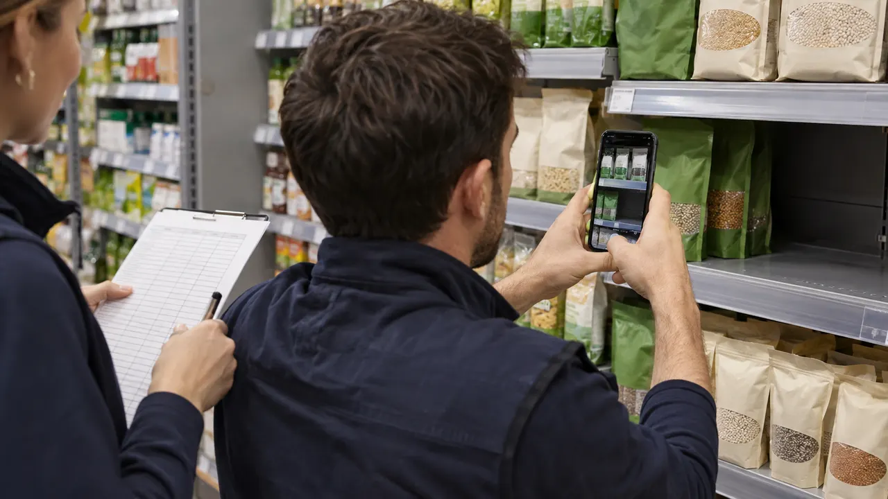A merchandiser photographing a shelf gap while a colleague holds a checklist