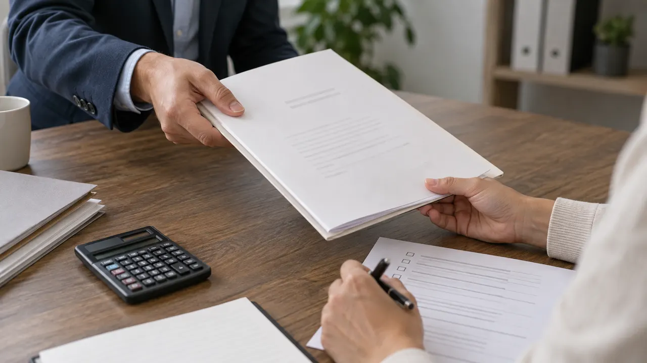 Colleagues handing over a plain folder and checking a paper list on a wooden desk