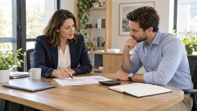 Two colleagues reviewing a paper chart with a calculator on a wooden office table