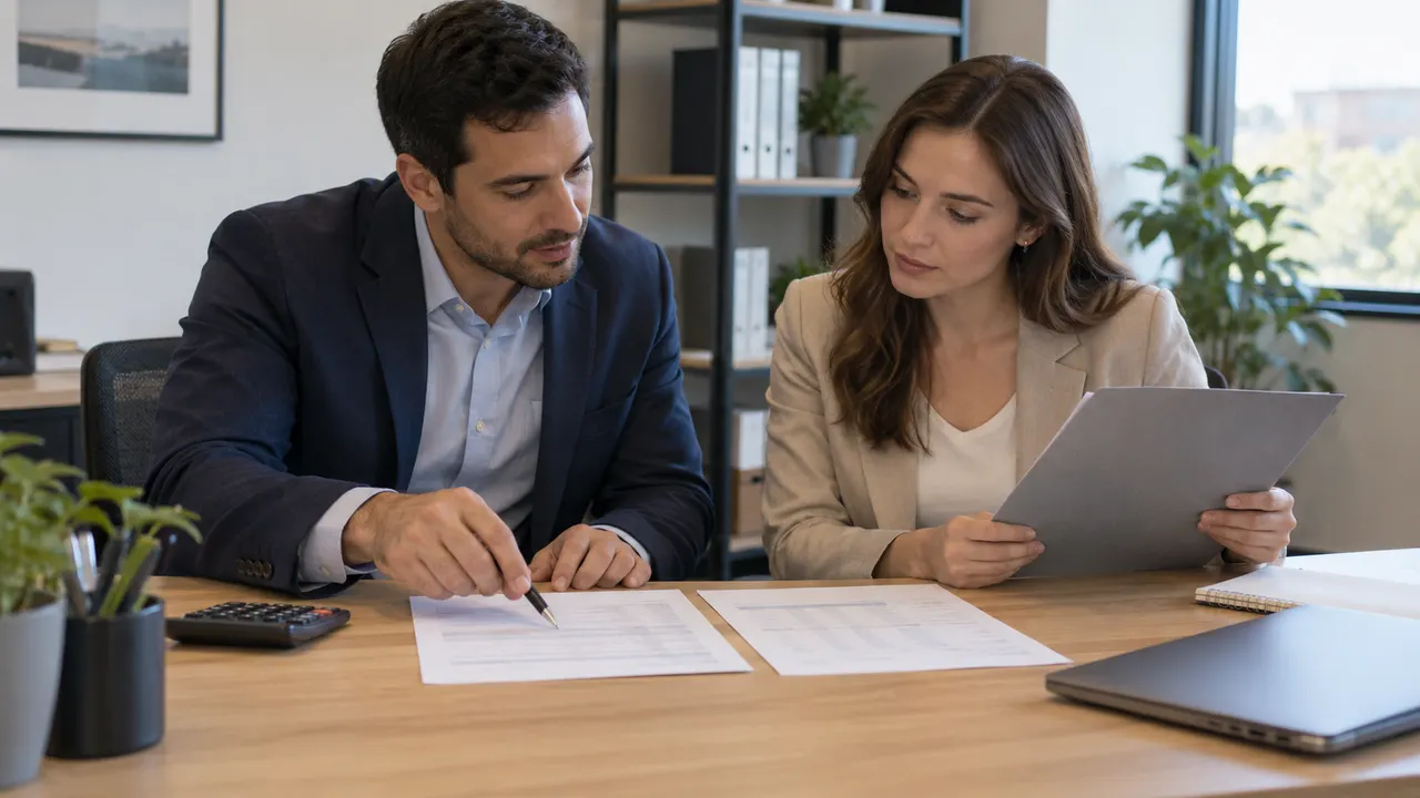 Two colleagues comparing paper records beside a calculator at an office desk