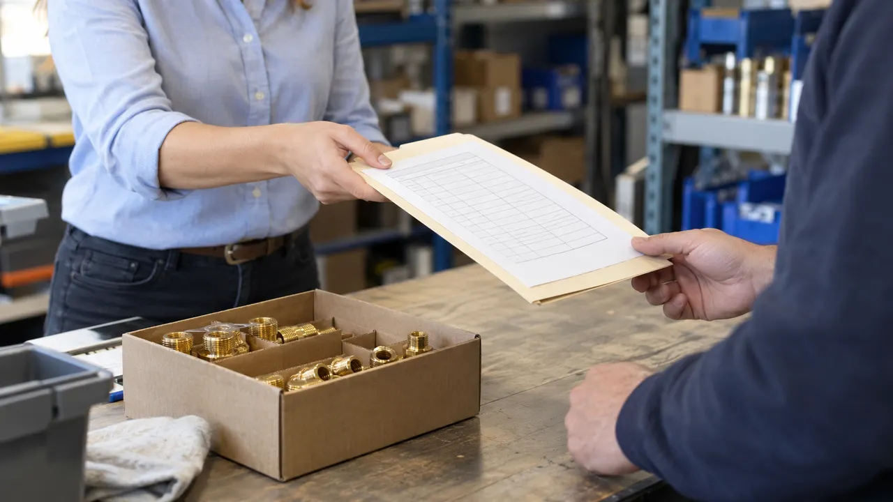 Two colleagues passing a paper folder beside a box of brass fittings on a dispatch bench