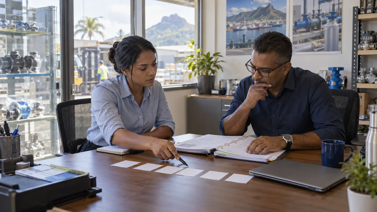 A salesperson and manager reviewing a paper folder and plain cards at a desk with fittings on shelves behind them