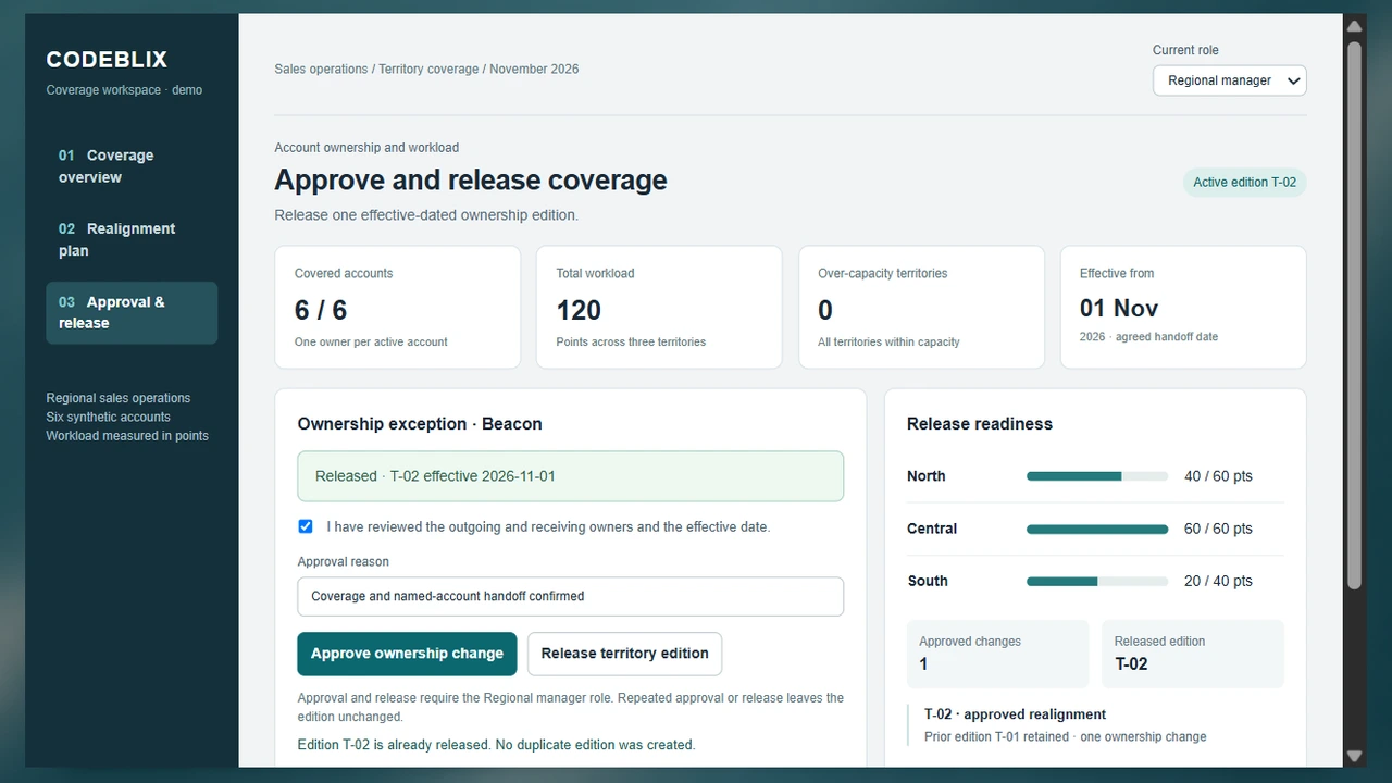 Regional manager approval workspace showing edition T-02 released with zero capacity exceptions and one approved change