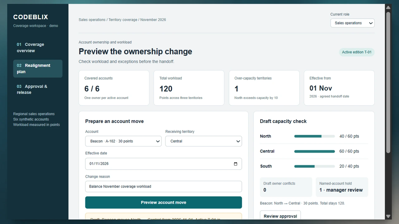 Beacon account move preview showing draft North 40, Central 60 and South 20 points with one named-account hold