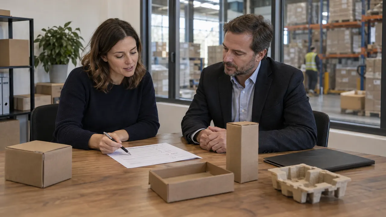 Two colleagues reviewing a paper checklist with packaging samples beside a warehouse window