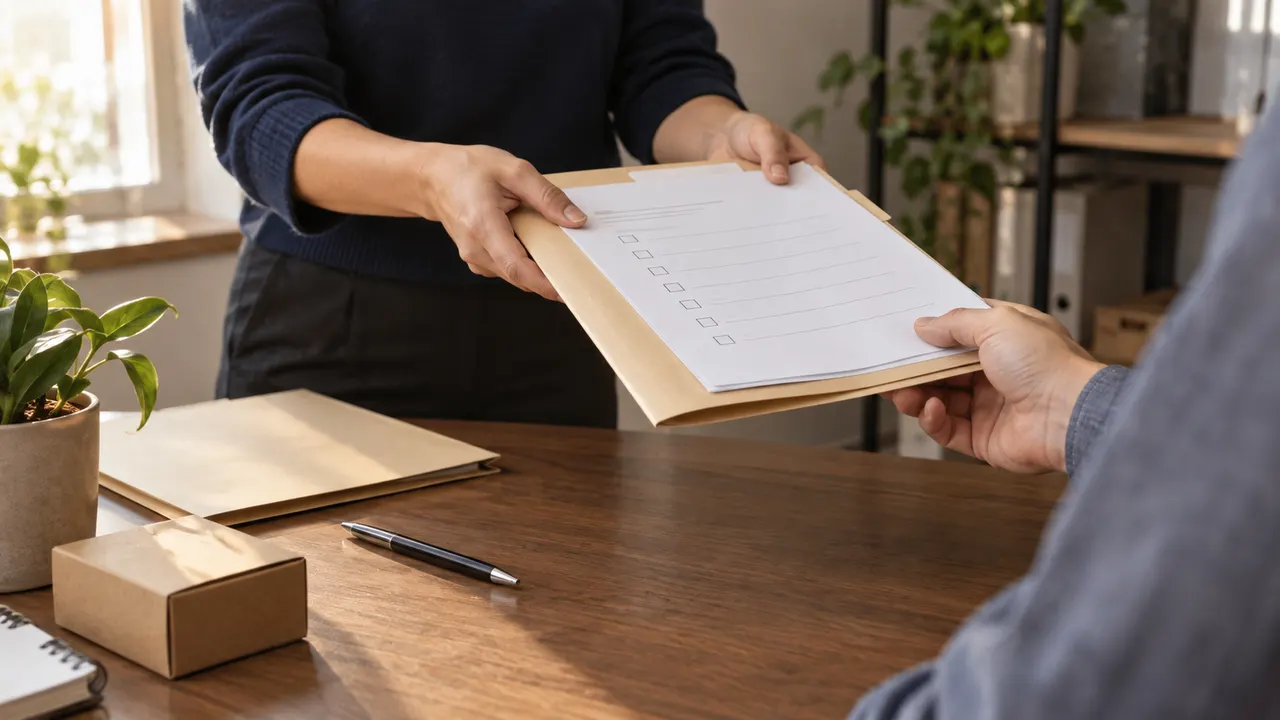 Hands passing a folder and paper checklist across a wooden office desk