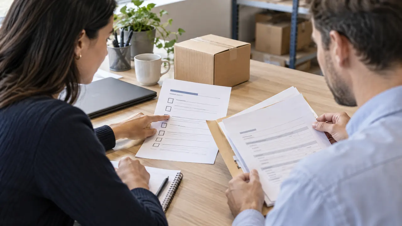 Two colleagues comparing a checklist and document sheets on an office desk