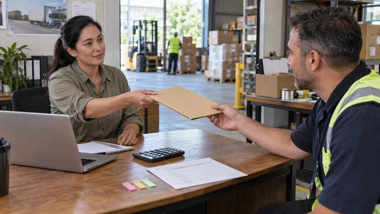 Two colleagues handing over a plain folder across an office desk beside a calculator and paper checklist