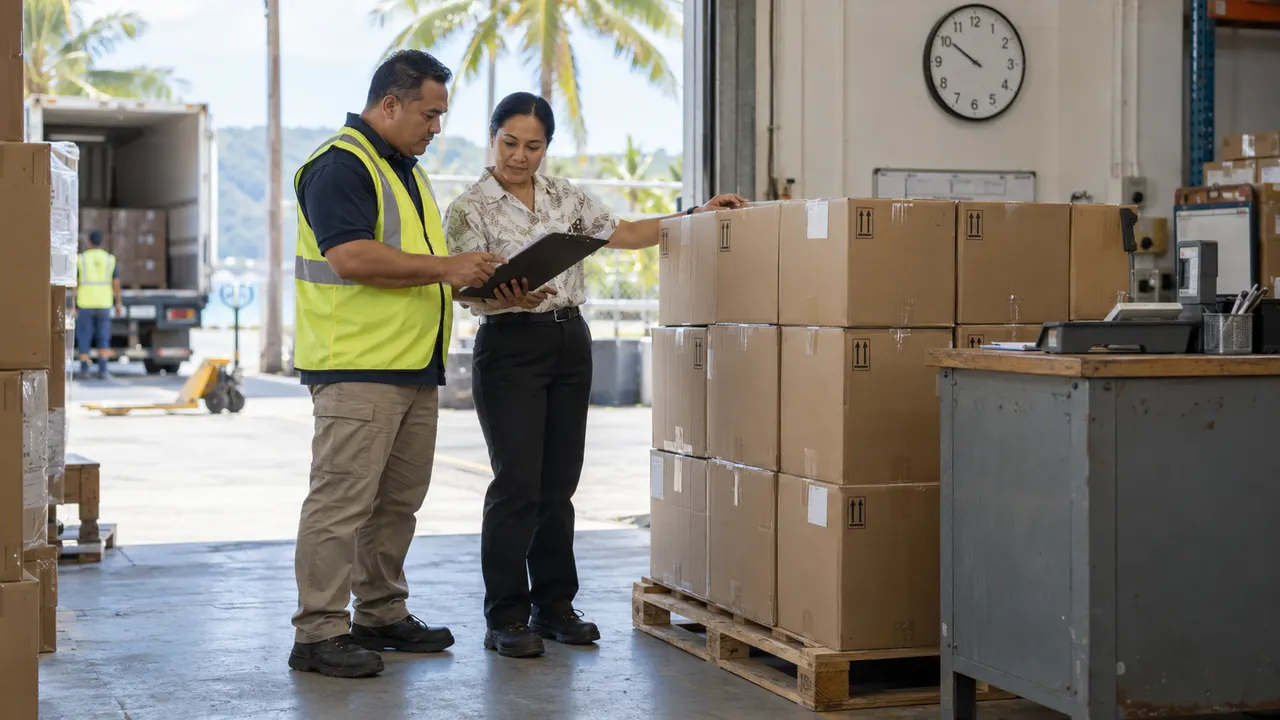 Two warehouse colleagues checking a clipboard beside sealed cartons on a pallet