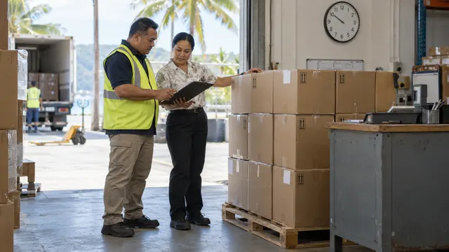 Two warehouse colleagues checking a clipboard beside sealed cartons on a pallet