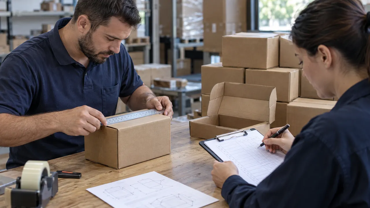 Two colleagues measuring a cardboard box with a ruler and recording the check on a clipboard