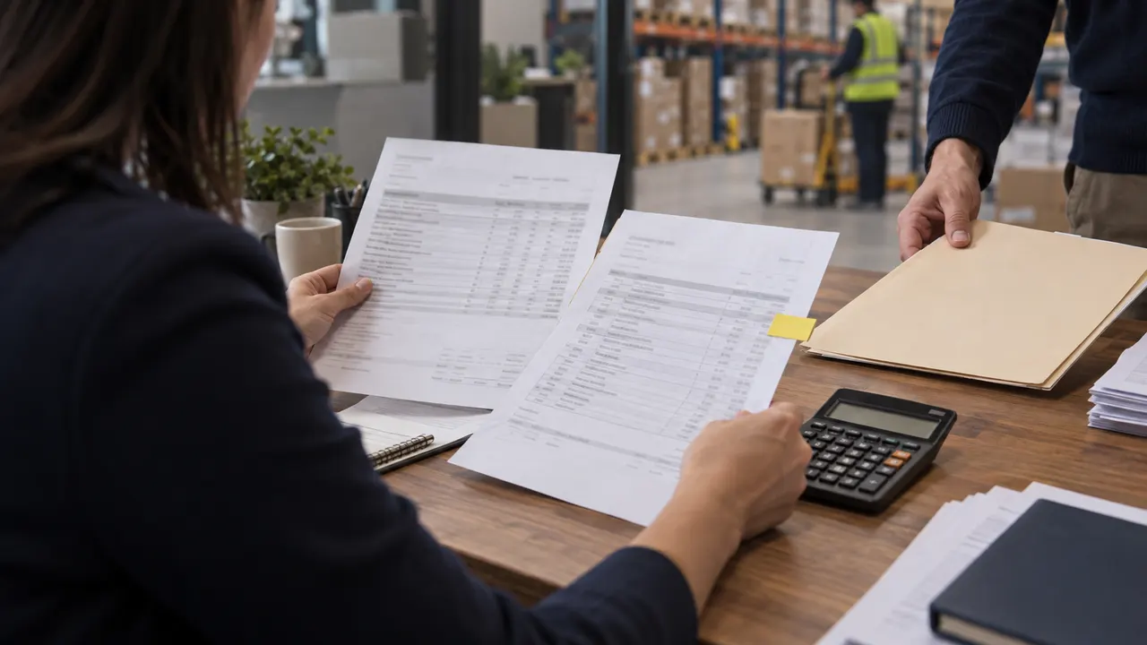 An analyst comparing paper statements while a colleague hands over a folder