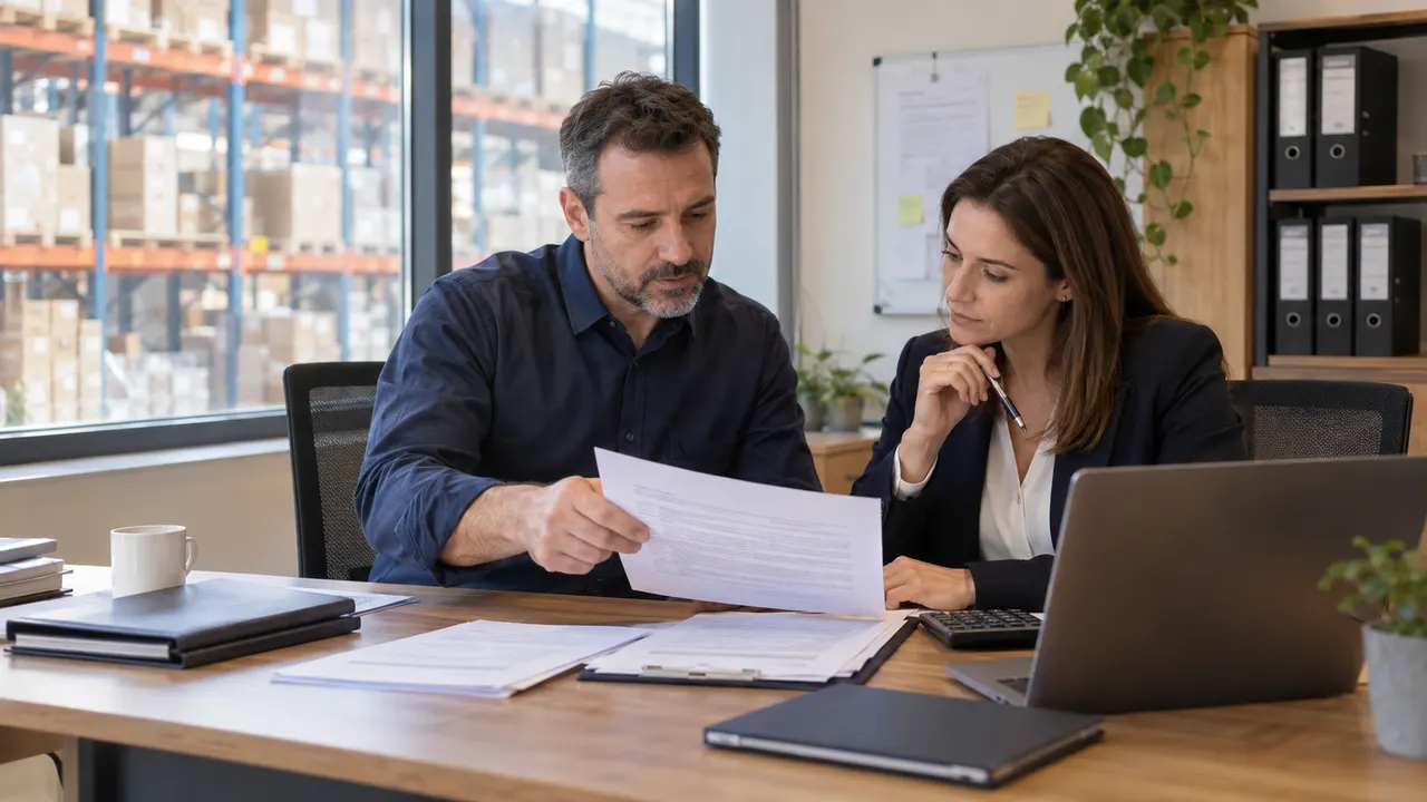 Two colleagues reviewing paper agreements at a desk overlooking a warehouse