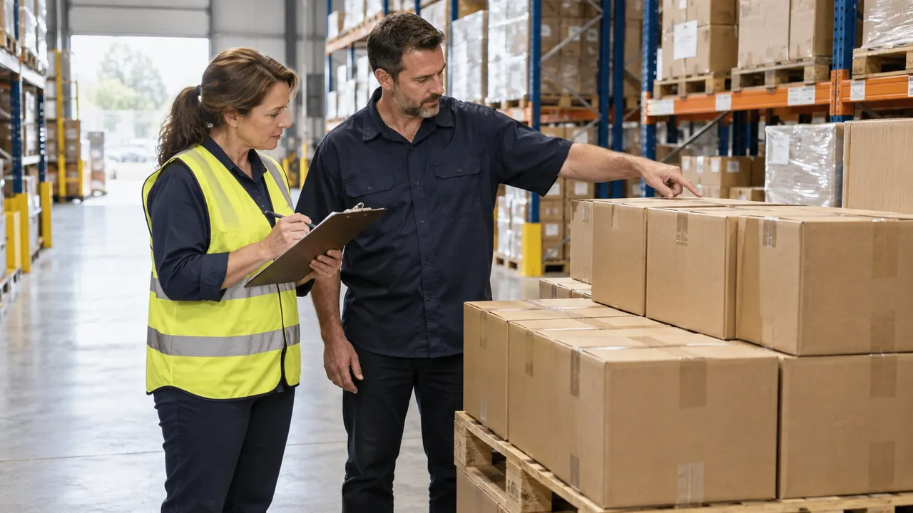 Two warehouse workers checking cartons beside a pallet with a clipboard