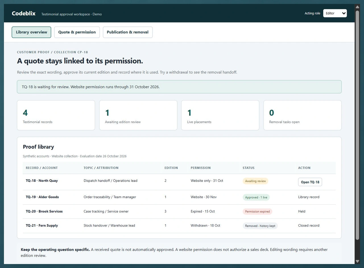Testimonial workspace with four synthetic quote records, one awaiting review, one live placement and no open removal tasks