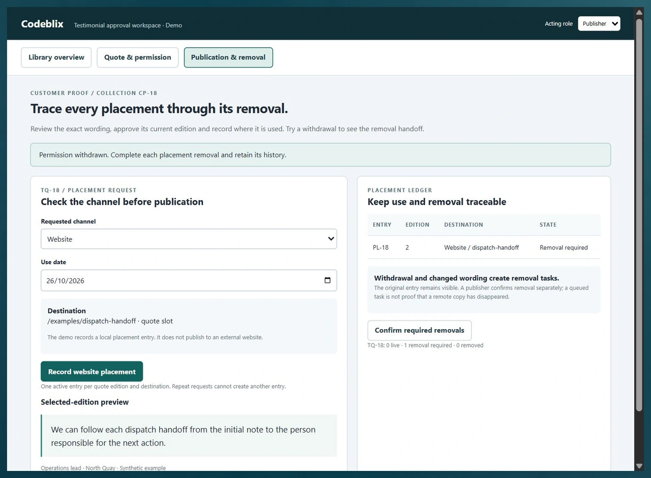 Website placement PL-18 for quote edition 2 marked removal required after permission withdrawal, with one open removal task