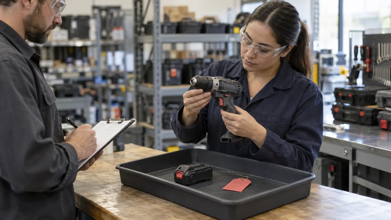 A technician examining a cordless drill above a tray holding its battery and a red tag while a colleague writes notes