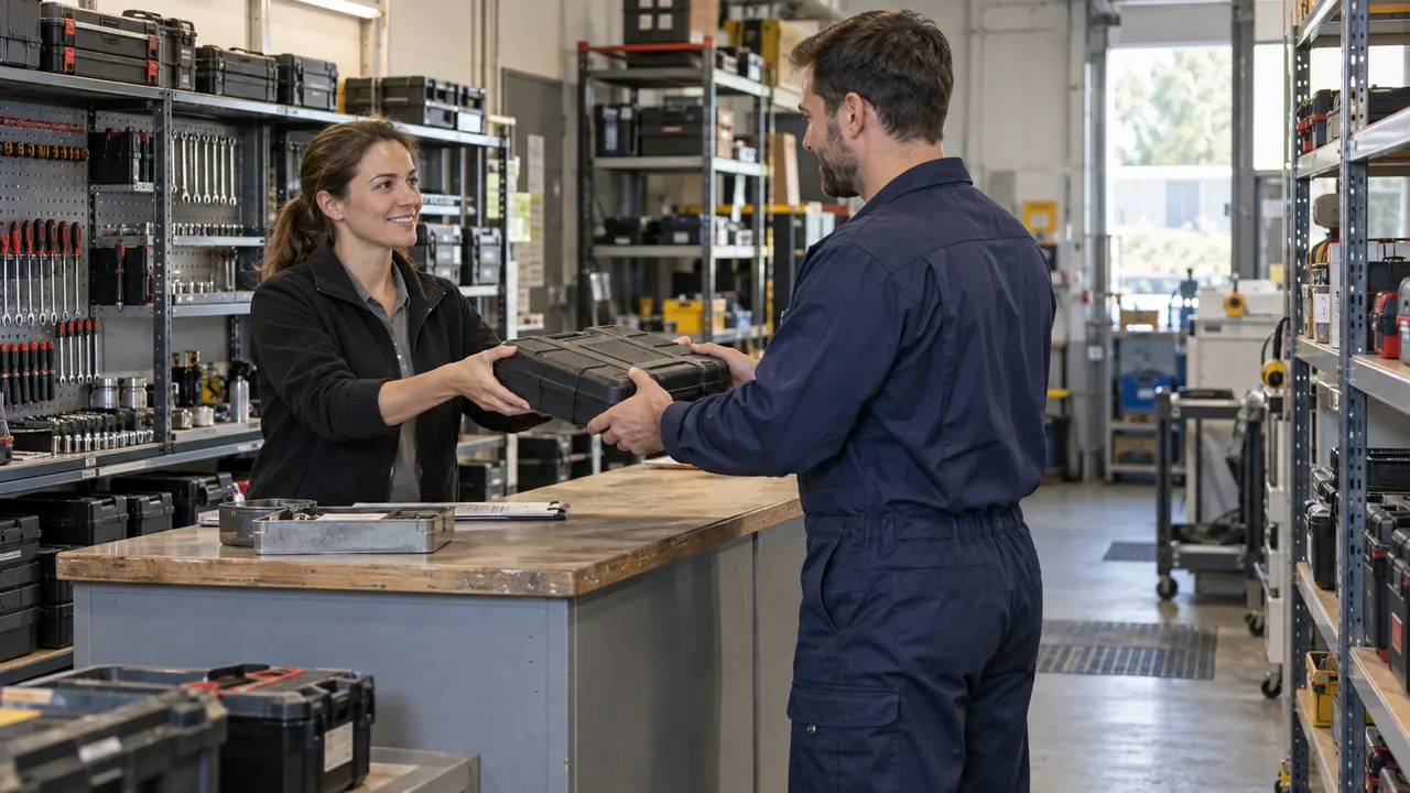 A storekeeper and a technician passing a closed tool case across a workshop counter