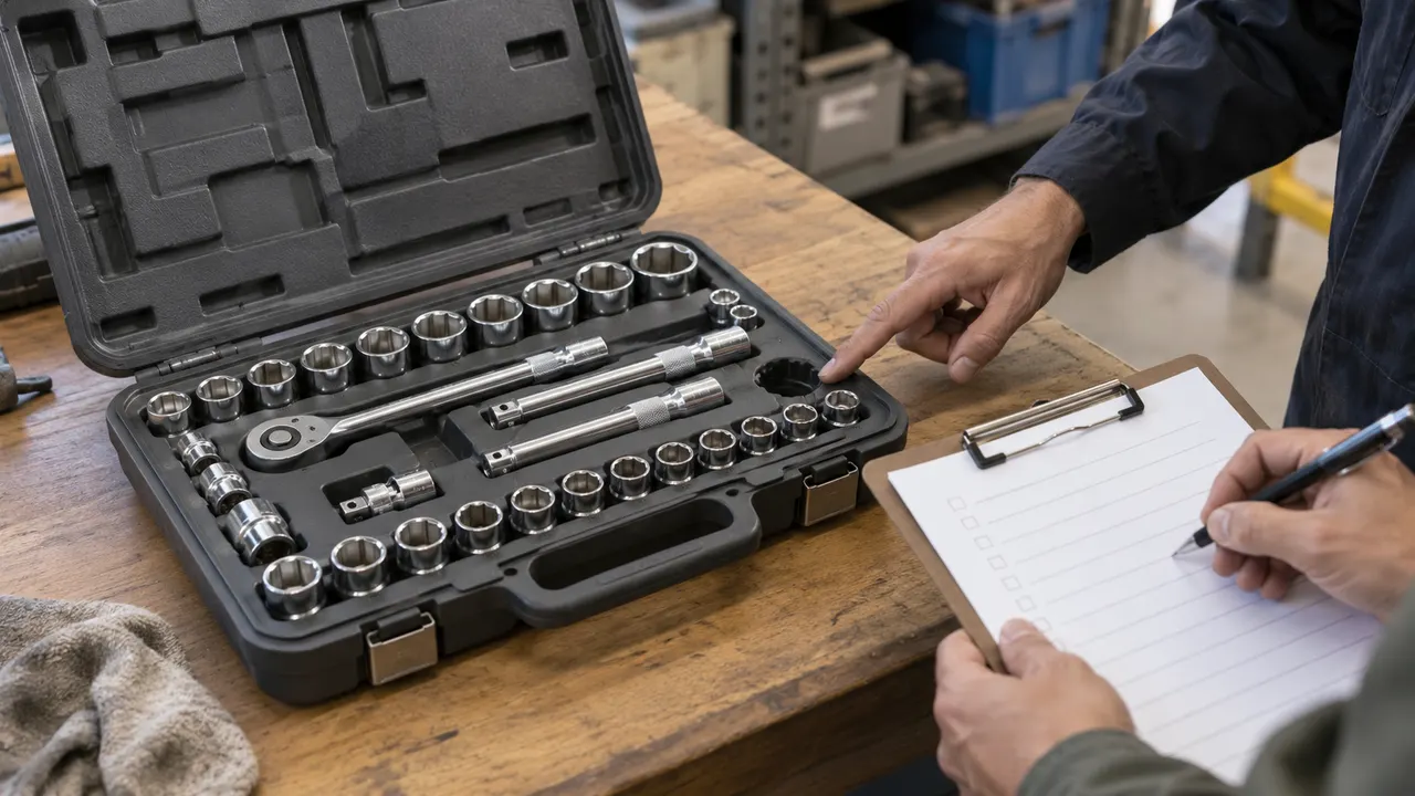 Hands pointing to an empty socket recess in an open tool case beside a paper checklist