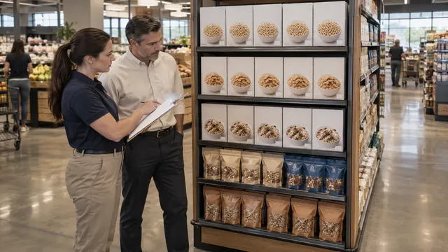 A merchandiser and store manager checking a clipboard beside cereal cartons and snack pouches on a grocery display