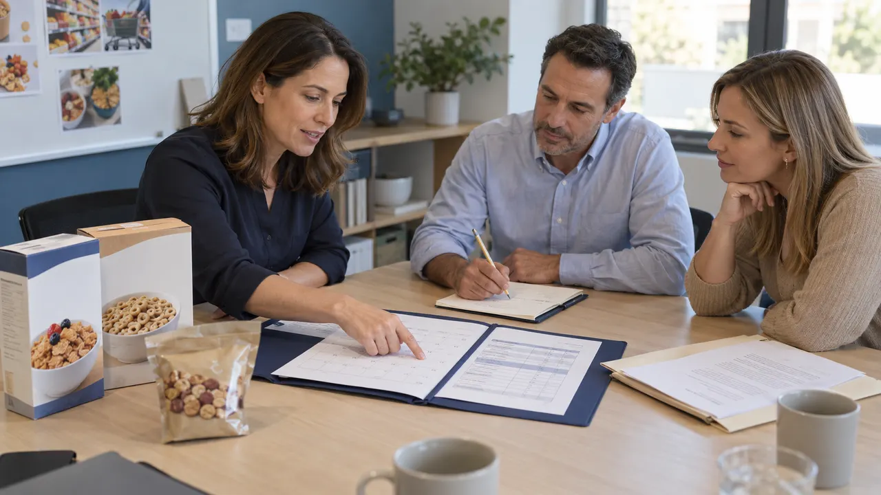 Three colleagues reviewing a paper calendar and documents beside cereal cartons and a snack pouch
