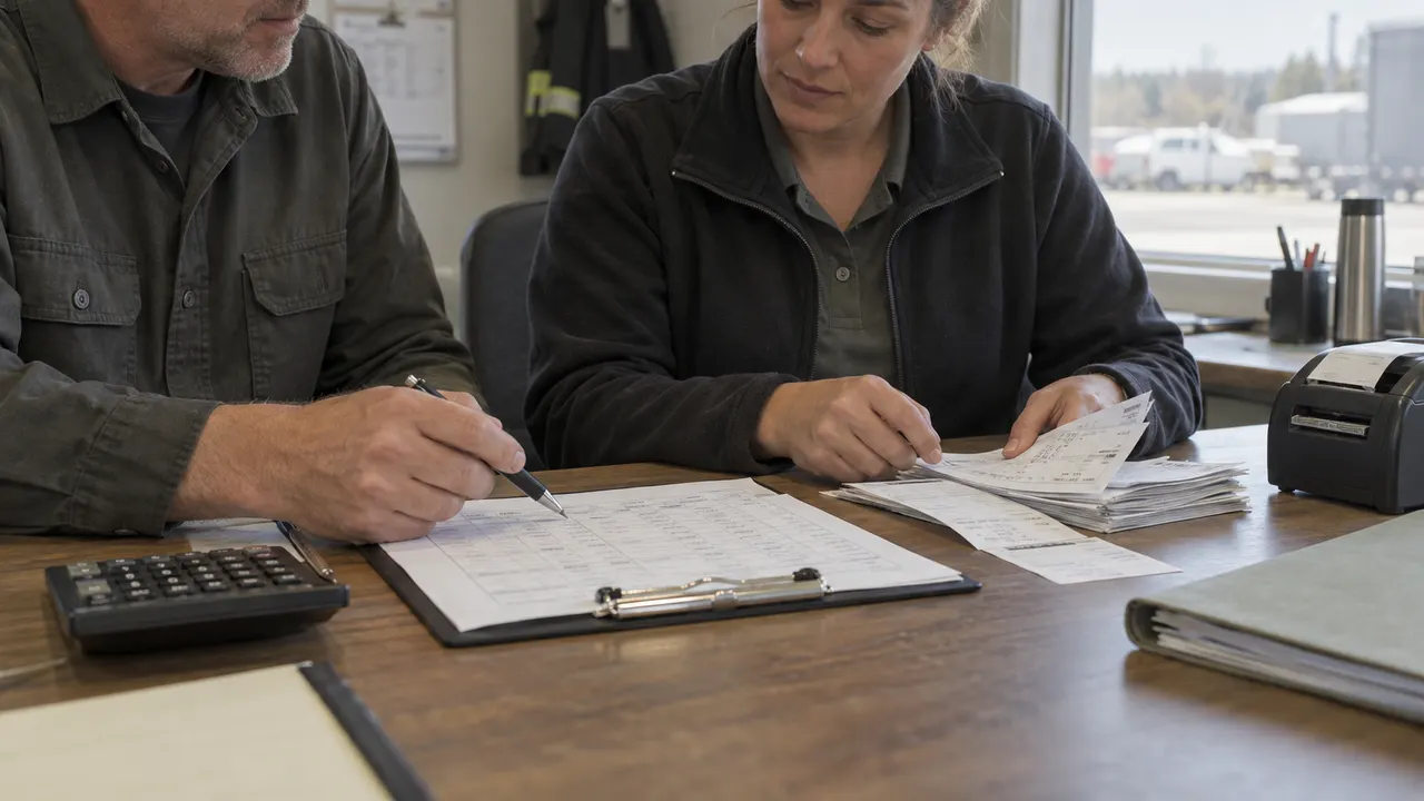 Two colleagues comparing paper tickets with a clipboard sheet beside a calculator and receipt printer