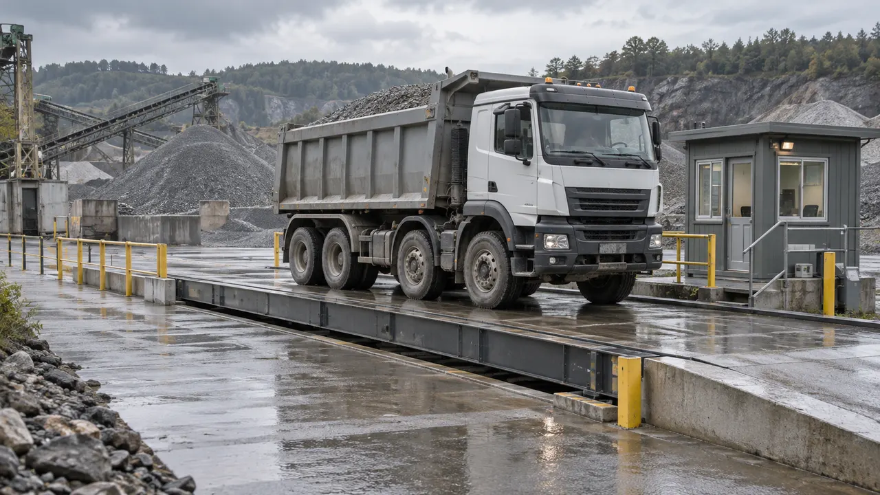 A gray tipper truck on a weighbridge beside a scale-house cabin and gravel piles