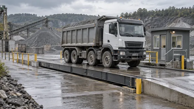 A gray tipper truck on a weighbridge beside a scale-house cabin and gravel piles
