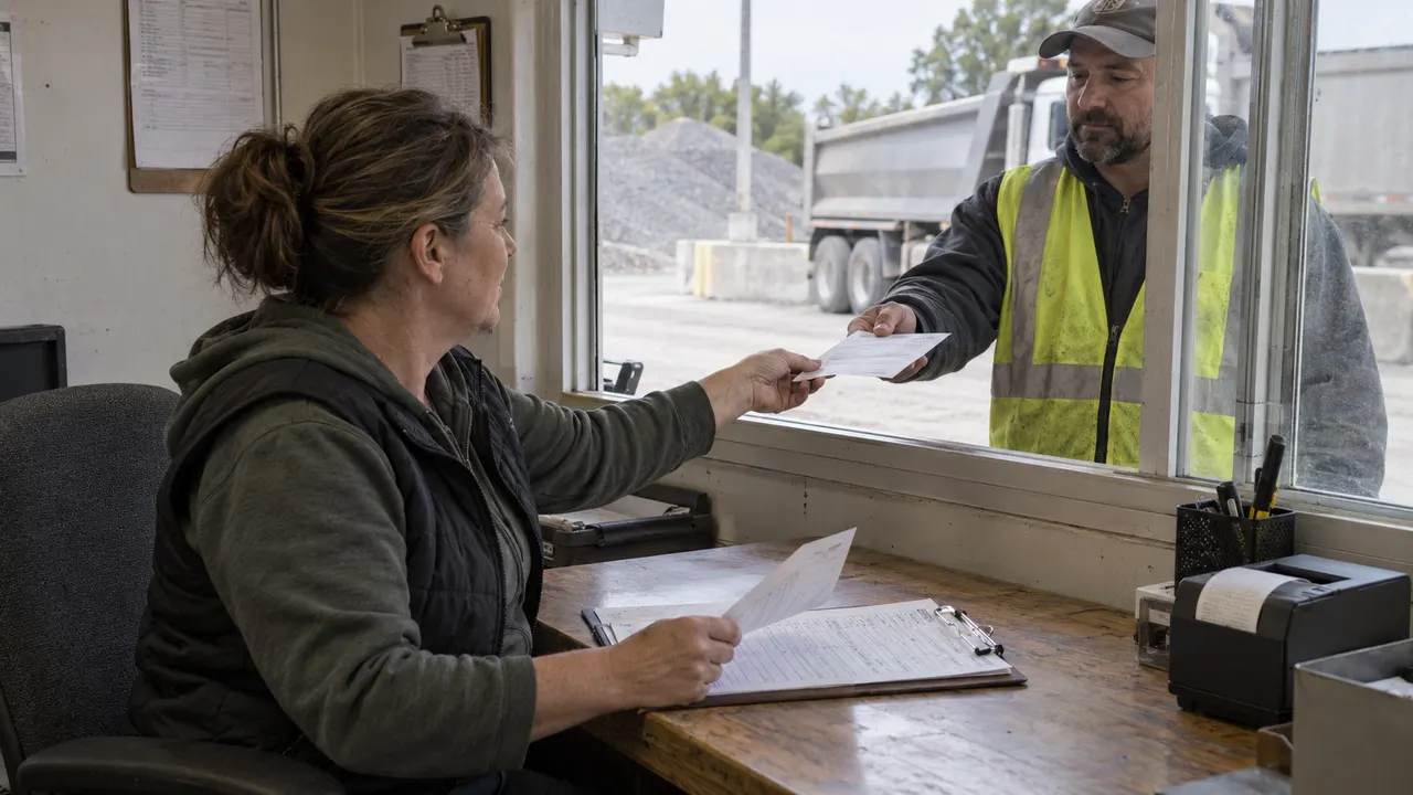 A scale-house clerk handing a paper ticket to a driver through a service window